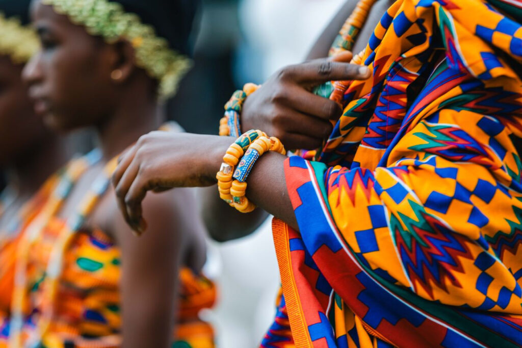 https://www.pexels.com/de-de/foto/vibrantes-afrikanisches-kulturfestival-in-accra-ghana-33697675/ Eine ghanaische Frau und ein ghanaischer Mann in bunter traditioneller Bekleidung und Armbändern, die ihre kulturelle Identität feiern.